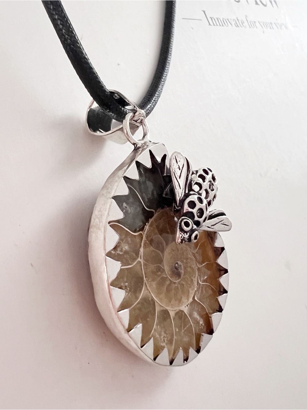 925 Sterling Silver Bee Ammonite Fossil Necklace Natural Brown Shell jewelry